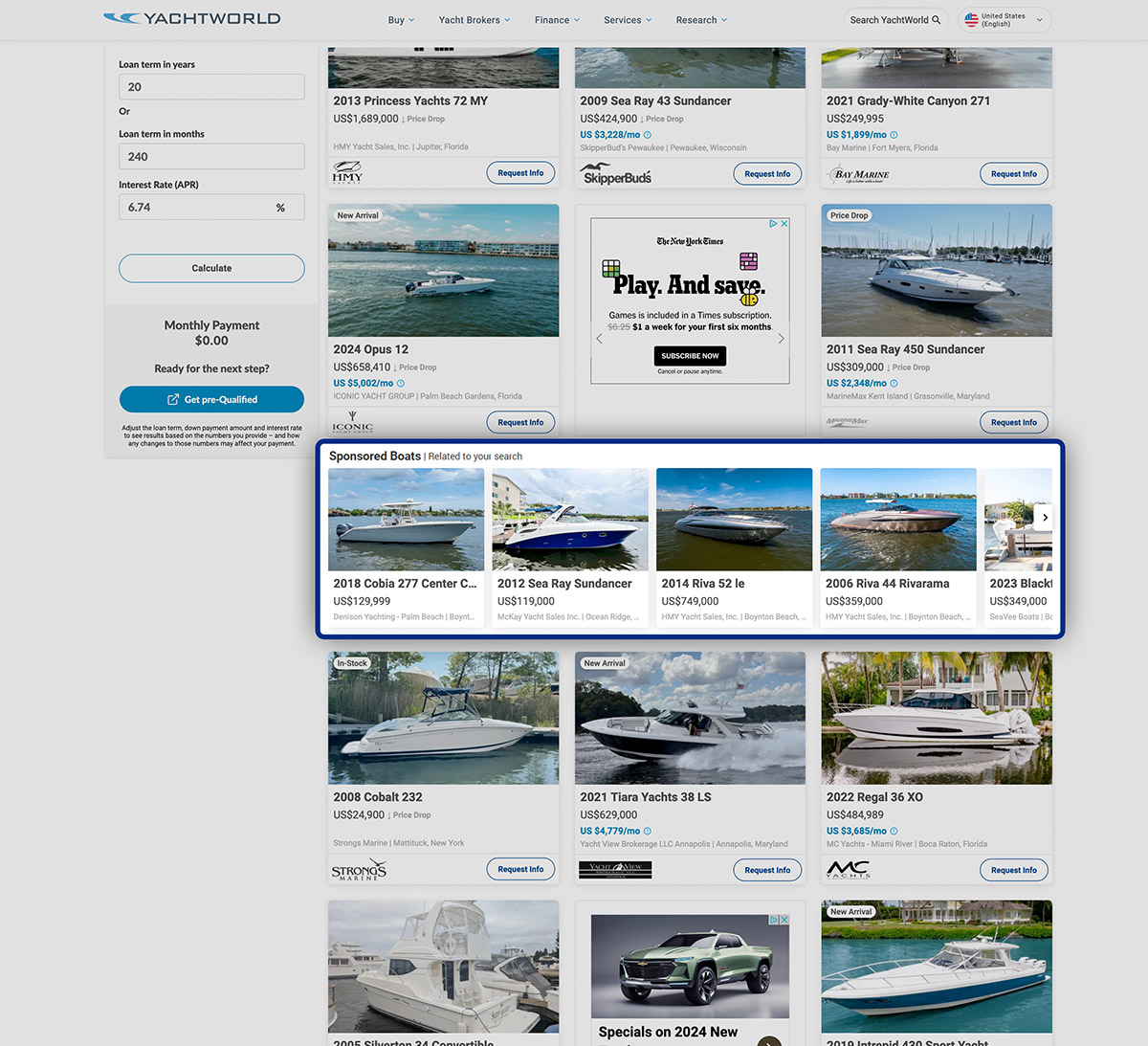 Screenshot showing Sponsored Boats on YachtWorld