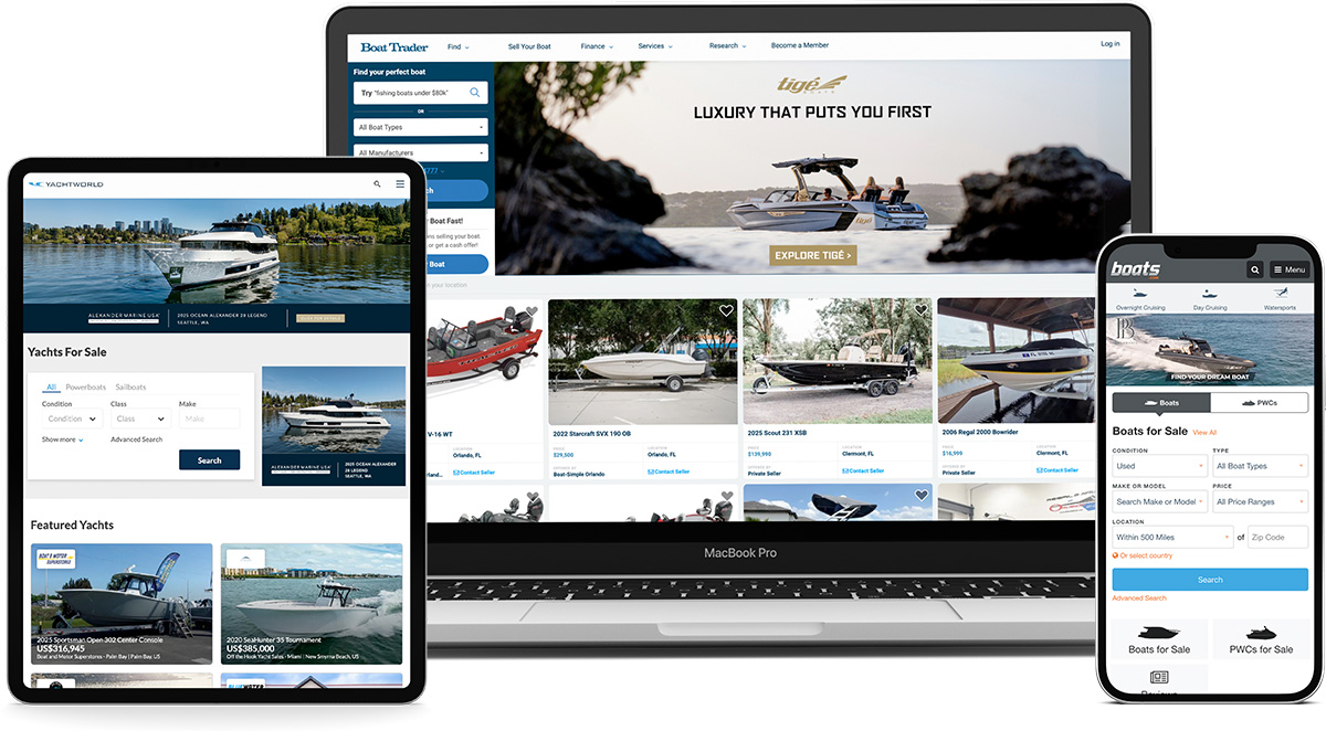 Boat Trader, YachtWorld, and boats.com homepages